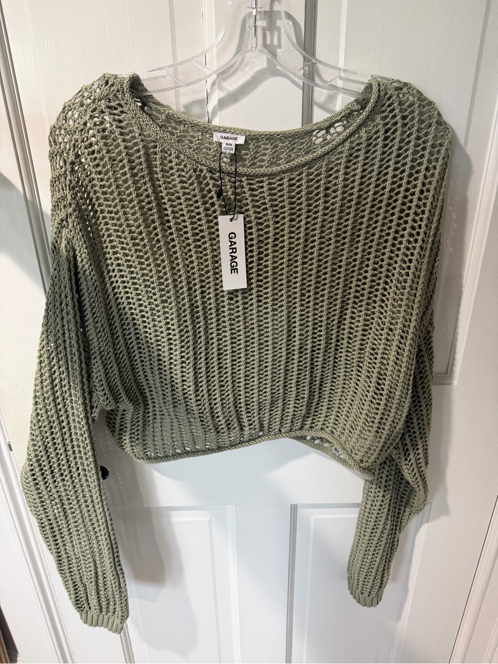 Olive Open-Knit Crochet Cropped Crewneck Sweater